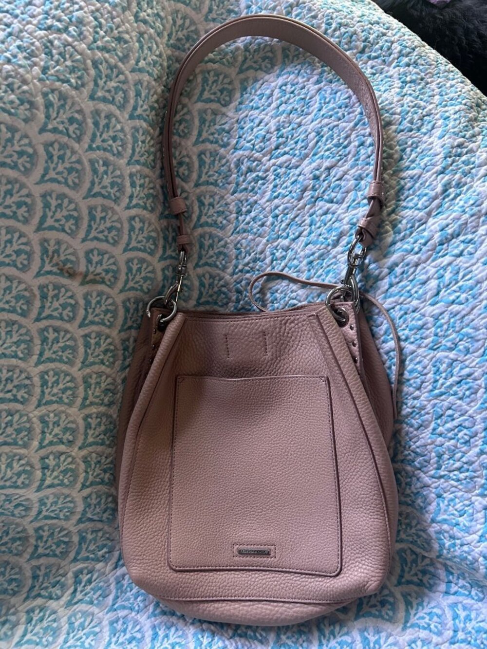 Rebecca Minkoff Blush Pebbled Leather Bucket Hobo Shoulder Bag Suede Lined Adjus